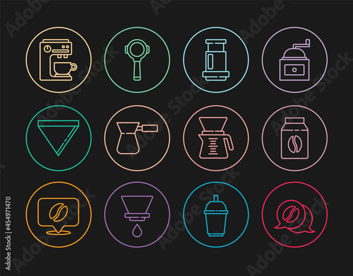 Set line Coffee and conversation, Bag coffee beans, Aeropress, turk, paper filter, machine, Pour over maker and holder icon. Vector