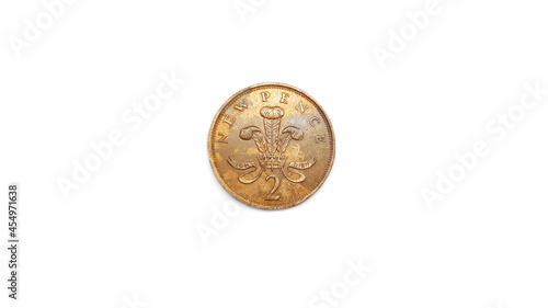 D.G..REG.F.D.1977 2 Queen Elizabeth New Pence Coin Back Side Isolated on White Background