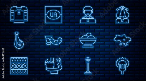Set line Dumplings on fork, Map of Ukraine, Ukrainian cossack, Glass with vodka, Bandura, Embroidered shirt, Varenyky bowl and Flag icon. Vector
