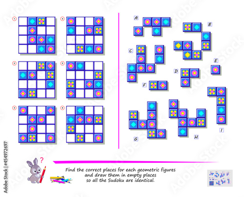Set of Sudoku puzzles. Logic puzzle game for kids. Find correct places for all geometric figures so all squares are identical. Page for brain teaser book. Developing spatial thinking. Play online.