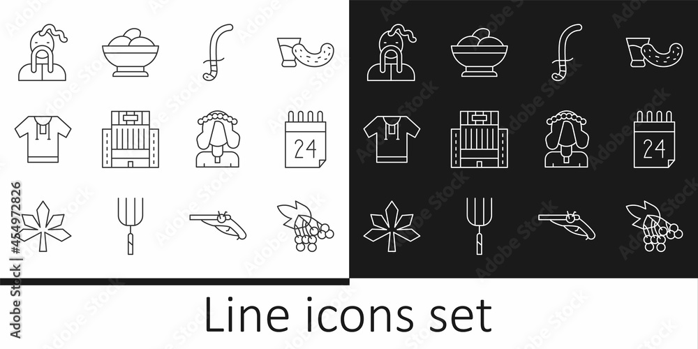 Naklejka premium Set line Branch viburnum, Independence day of Ukraine, Medieval sword, Hotel Ukraina building, Embroidered shirt, Ukrainian cossack, woman and Varenyky bowl icon. Vector