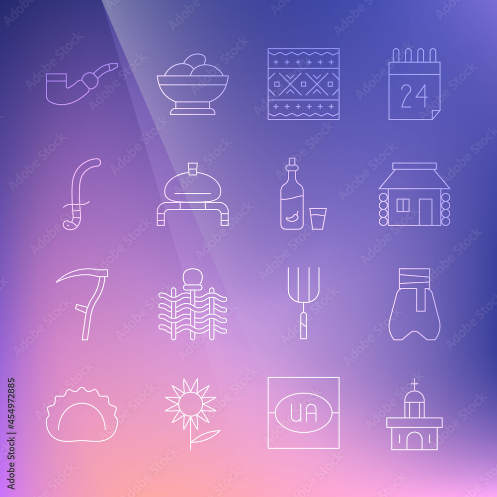 Set line Church building, Cossack pants, Ukrainian house, ethnic pattern, Bread and salt, Medieval sword, Smoking pipe and Vodka with pepper glass icon. Vector Set line Church building, Cossack pants, Ukrainian house, ethnic pattern, Bread and salt, Medieval sword, Smoking pipe and Vodka with pepper glass icon. Vector