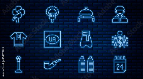 Set line Independence day of Ukraine, Wicker fence, Bread and salt, Flag, Embroidered shirt, Poppy flower, Cossack pants and Dumplings on fork icon. Vector