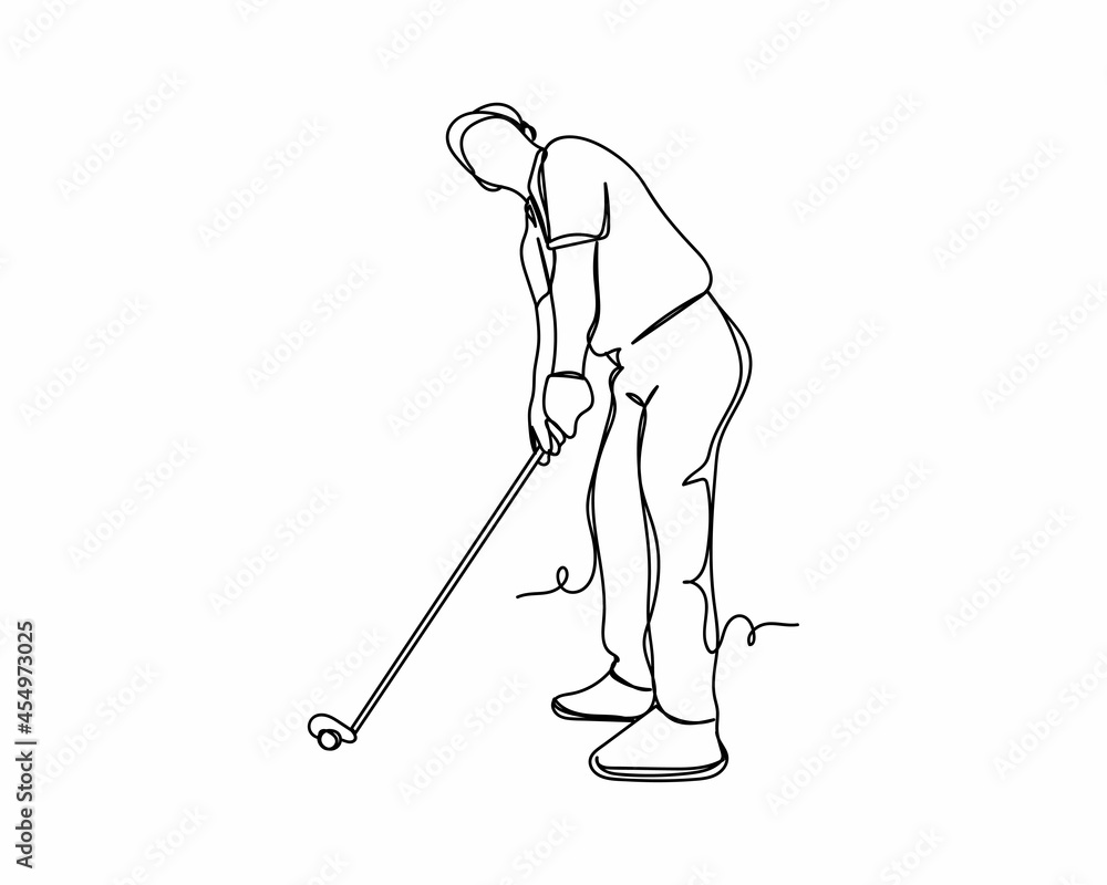 Continuous one line drawing of male golf player icon in silhouette on a white background. Linear stylized.