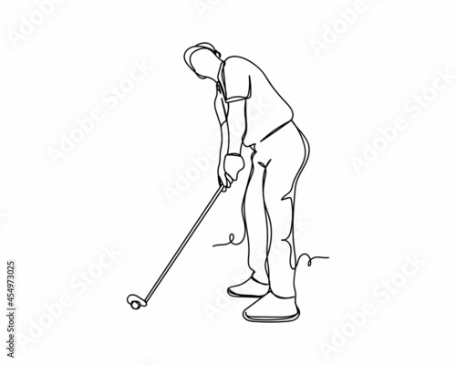 Continuous one line drawing of male golf player icon in silhouette on a white background. Linear stylized.
