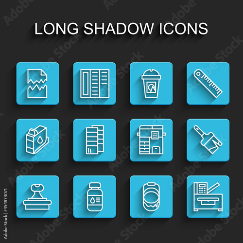 Set line Stamp, Printer ink bottle, Torn document, Paint bucket, Copy machine, Pantone, brush and icon. Vector