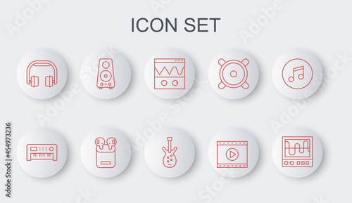 Set line Oscilloscope, Music synthesizer, Online play video, Headphones, Stereo speaker, Air headphones box and Electric bass guitar icon. Vector