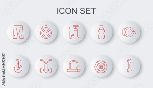 Set line Wrench spanner, Unicycle or one wheel bicycle, Bicycle air pump, cassette, Cycling shorts, Stopwatch, for kids and lock icon. Vector