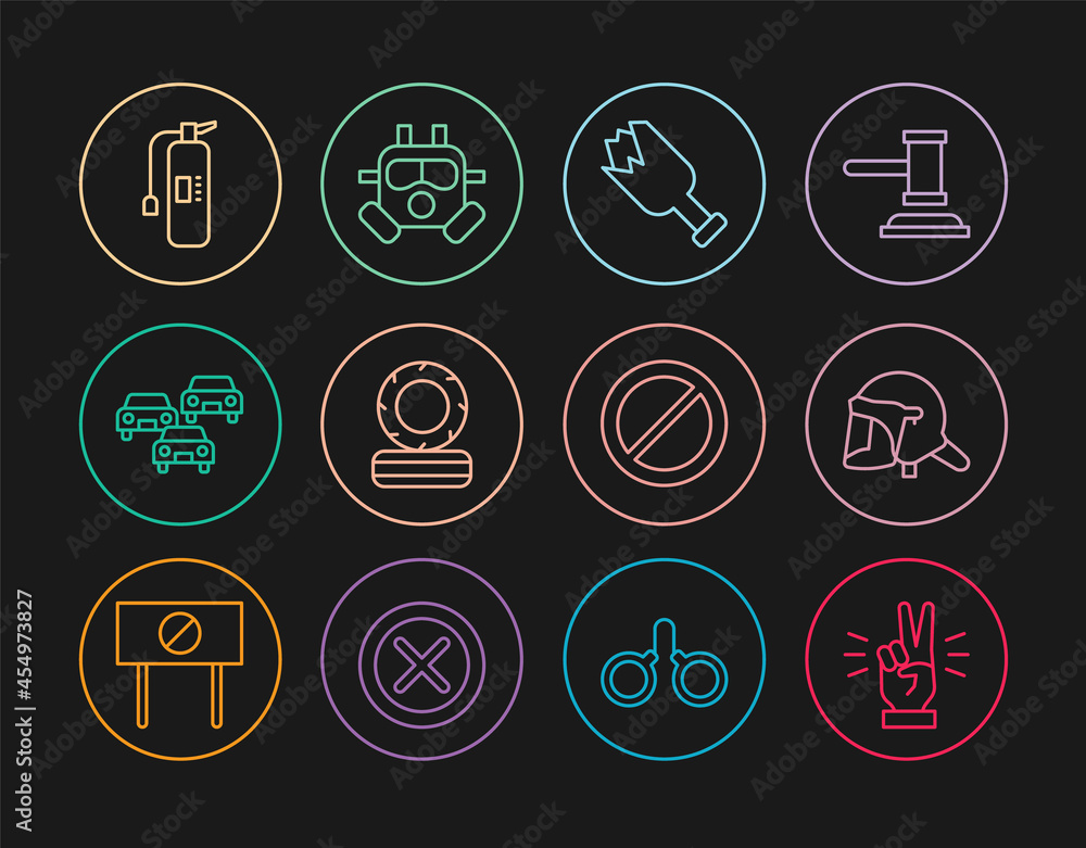 Set line Hand showing two finger, Police helmet, Broken bottle as weapon, Lying burning tires, Traffic jam, Fire extinguisher, Ban and Gas mask icon. Vector