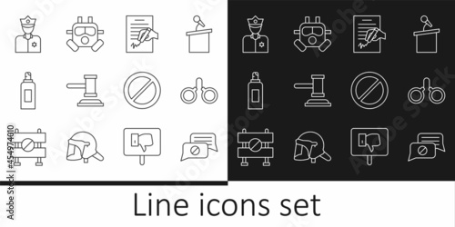 Set line Speech bubble chat, Handcuffs, Petition, Judge gavel, Paint spray can, Police officer, Ban and Gas mask icon. Vector