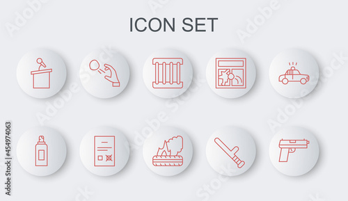 Set line Pistol or gun, Paint spray can, Prison window, Police rubber baton, Stage stand tribune, Hooligan shooting stones, Poll document and Lying burning tires icon. Vector