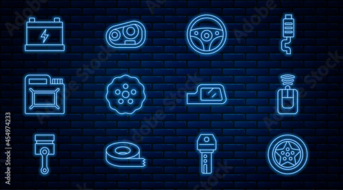 Set line Car wheel, key with remote, Steering, Gear, Canister for motor oil, battery, mirror and headlight icon. Vector