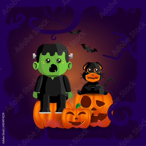 Cute illustration monster with pumpkin design