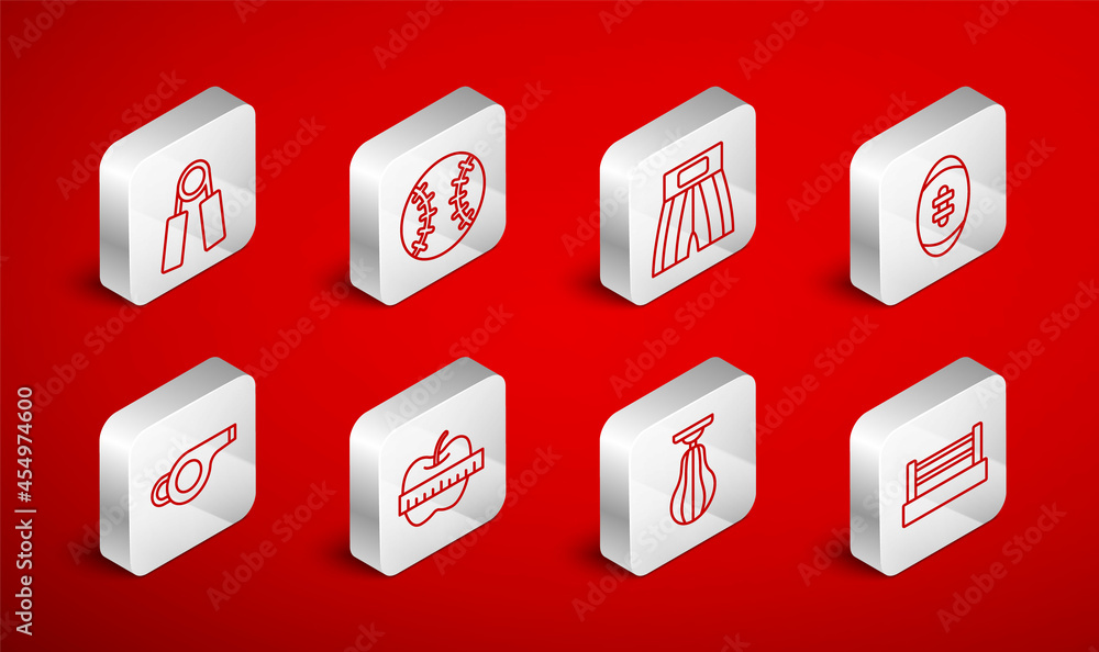 Set line Boxing ring, Baseball ball, short, American Football, Punching bag, Sport expander, Apple measuring tape and Whistle icon. Vector Set line Boxing ring, Baseball ball, short, American Football, Punching bag, Sport expander, Apple measuring tape and Whistle icon. Vector