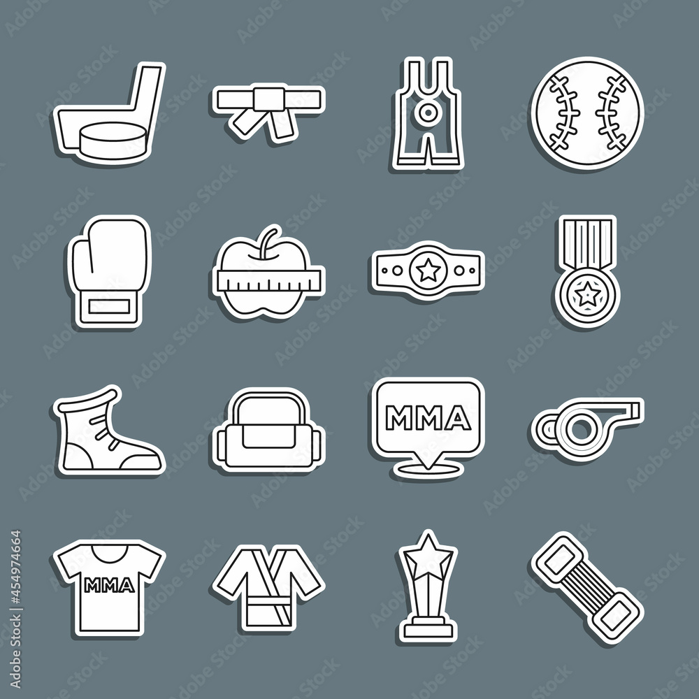Set line Chest expander, Whistle, Medal, Wrestling singlet, Apple measuring tape, Boxing glove, Ice hockey stick puck and belt icon. Vector Set line Chest expander, Whistle, Medal, Wrestling singlet, Apple measuring tape, Boxing glove, Ice hockey stick puck and belt icon. Vector