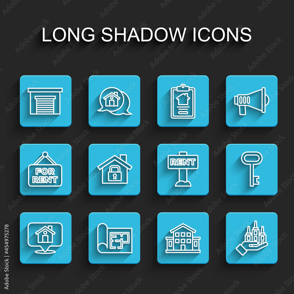 Set line Location with house, House plan, Garage, Skyscraper, under protection, key and Hanging sign Rent icon. Vector Set line Location with house, House plan, Garage, Skyscraper, under protection, key and Hanging sign Rent icon. Vector