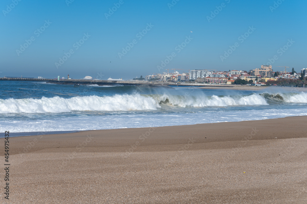 Atlantic ocean coast near Porto and view on Foz do Douro