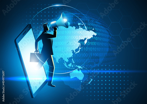 Businessman holding a megaphone coming through from smart phone