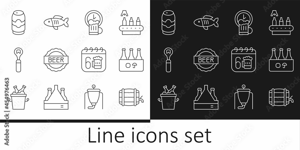 Set line Wooden barrel on rack, Pack of beer bottles, Happy hour, Bottle cap with, opener, Beer can, Saint Patricks day calendar and Dried fish icon. Vector