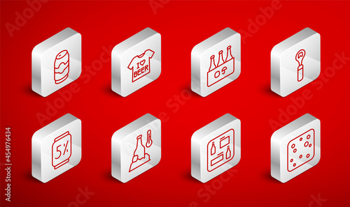 Set line Beer bubbles, T-shirt, Pack of beer bottles, Bottle opener, menu, can, Cold and icon. Vector