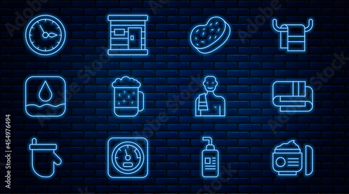 Set line Cream or lotion cosmetic tube, Towel stack, Bath sponge, Wooden beer mug, Water drop, Sauna clock, Man in the sauna and wooden bathhouse icon. Vector