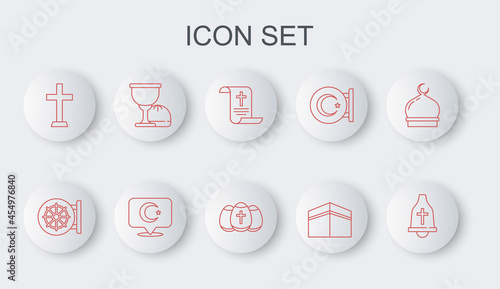 Set line Church bell, Dharma wheel, Decree, paper, parchment, scroll, Kaaba mosque, Christian cross, Holy grail or chalice, Star and crescent and Easter egg icon. Vector