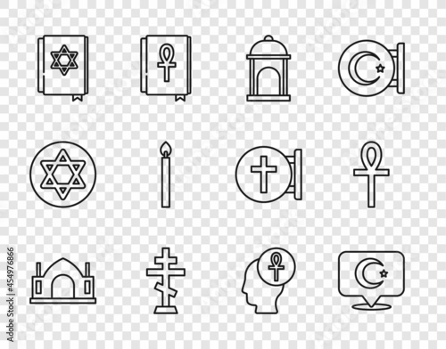 Set line Hindu spiritual temple, Star and crescent, Muslim Mosque, Christian cross, Jewish torah book, Burning candle, Cross ankh and icon. Vector photo