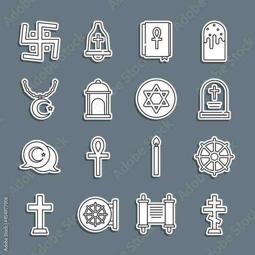 Set line Christian cross, Dharma wheel, Tombstone with, Cross ankh book, Muslim Mosque, Star and crescent chain, Hindu swastika and of David icon. Vector