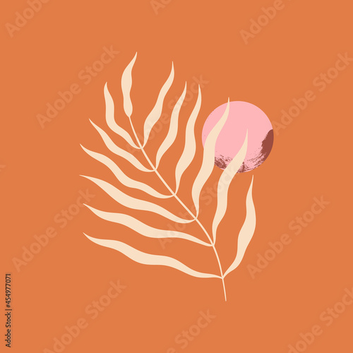 Terracotta abstraction minimalist design. Boho modern minimal wall art print, trendy flat style. Leaflet, poster or layout, abstract shapes, grunge texture tropical palm leaf, brush drawing