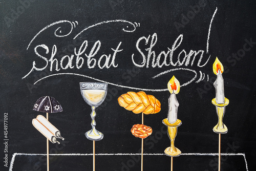 Obraz na płótnie Shabbat Shalom - Jewish and Hebrew greetings. Candles painted on a chalkboard. May you dwell in completeness on this seventh day. w salonie