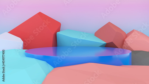 Blue circle pedestal on a pastel multicolored stone background,mockup stand for product presentations, 3D rendering.