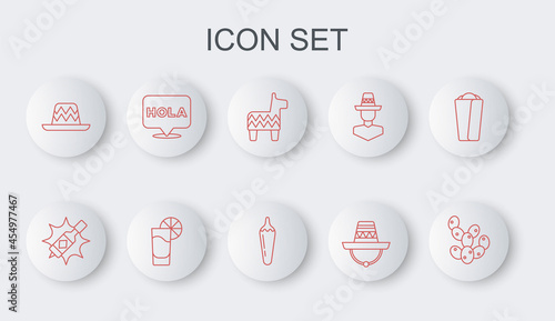 Set line Cactus, Tabasco sauce, Pinata, Mexican sombrero, Hola, Tequila glass with lemon and Hot chili pepper pod icon. Vector