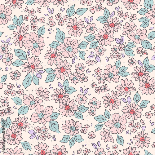 Vintage floral background. Floral pattern with small pink flowers on a white background. Seamless pattern for design and fashion prints. Ditsy style. Stock vector illustration.