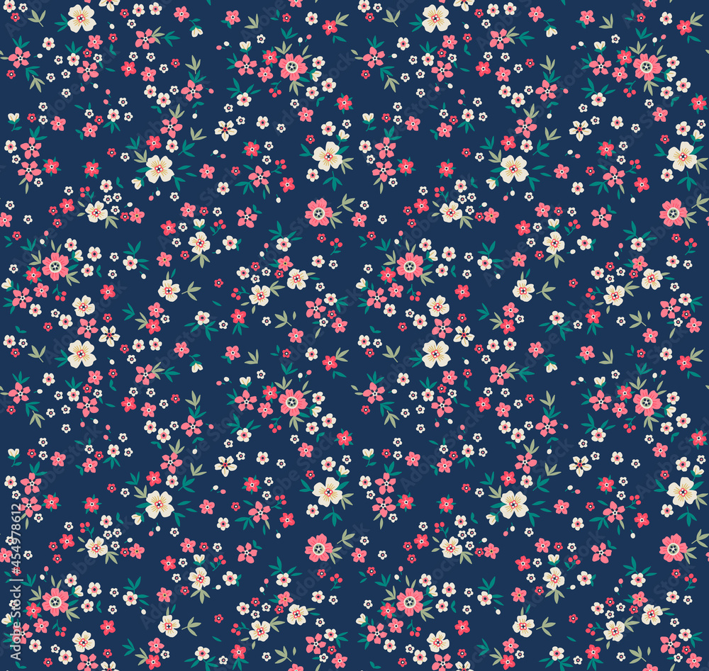 Vector seamless pattern. Pretty pattern in small flowers. Small white and red flowers. Dark blue background. Ditsy floral background. The elegant the template for fashion prints. Stock vector. Vector seamless pattern. Pretty pattern in small flowers. Small white and red flowers. Dark blue background. Ditsy floral background. The elegant the template for fashion prints. Stock vector.