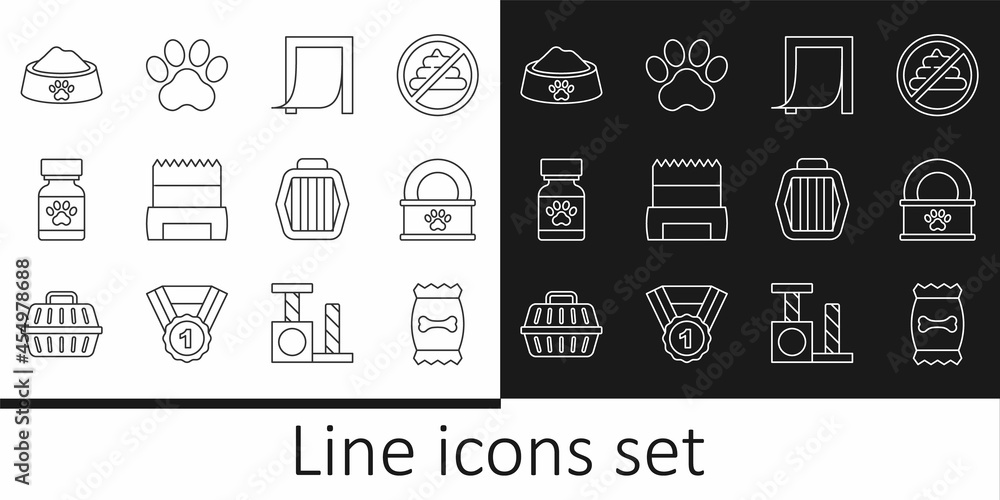 Set line Bag of food for pet, Canned, Door, Dog shit in bag, Medicine bottle and pills, Pet bowl, carry case and Paw print icon. Vector
