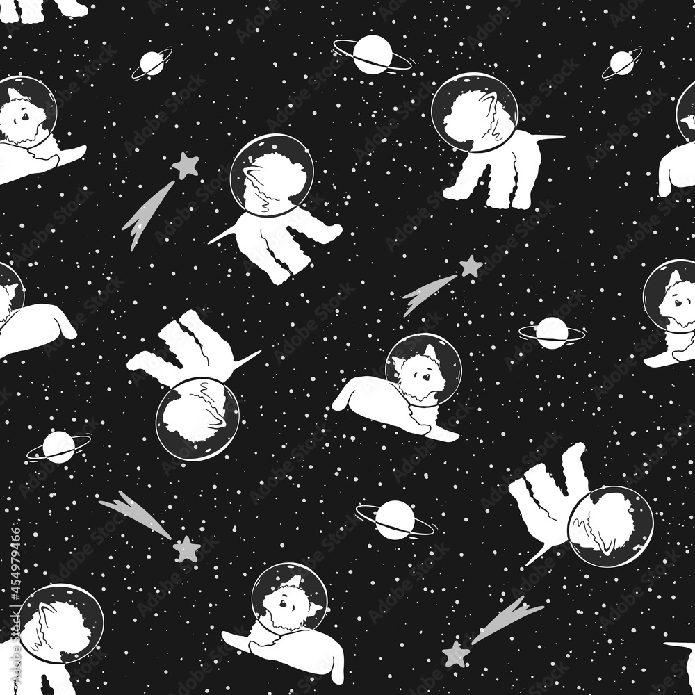 Fototapeta premium Space dogs seamless vector pattern in astronaut's helmets