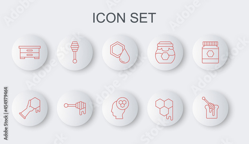 Set line Honey dipper stick with honey, Honeycomb and hand, Hive for bees, and Beekeeper icon. Vector