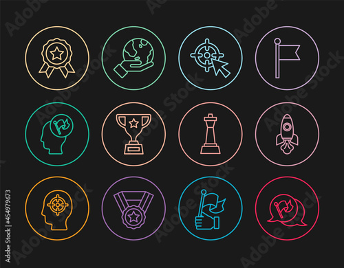 Set line Flag, Rocket ship, Target, Award cup, Hand holding flag, Medal, Chess and Earth globe icon. Vector
