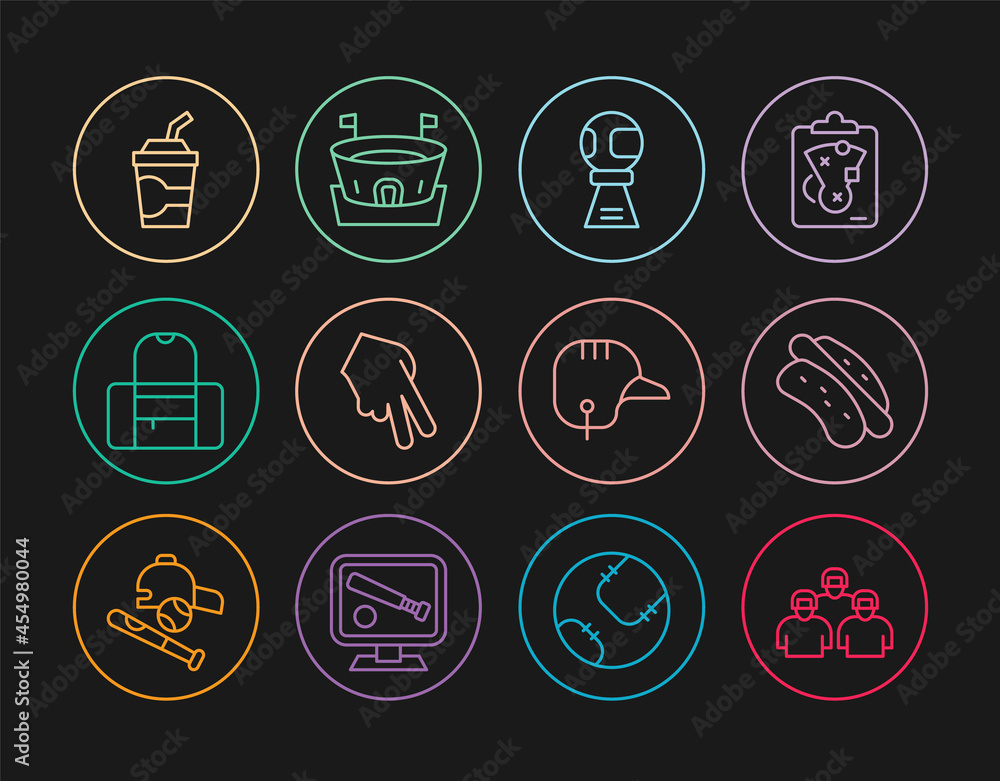 Set line Team of baseball players, Hotdog sandwich, Award cup with, Baseball glove, Sport bag, Paper glass water, helmet and arena icon. Vector Set line Team of baseball players, Hotdog sandwich, Award cup with, Baseball glove, Sport bag, Paper glass water, helmet and arena icon. Vector