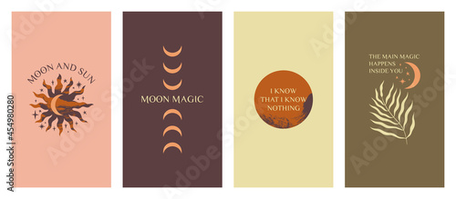 Collection of nature boho abstract mystical poster format illustrations, bohemian hand drawn style. Animal print design, floral objects.