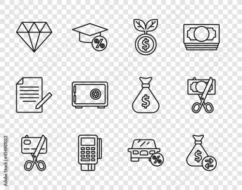 Set line Scissors cutting a credit card, Money bag, Dollar plant, POS terminal with, Diamond, Safe, Car leasing percent and money icon. Vector