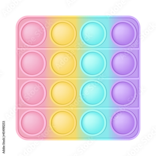 Pop it a fashionable silicon toy for fidgets. Addictive anti-stress square toy in pastel colors. Bubble sensory developing popit for kids fingers. Realistic vector illustration isolated on a white