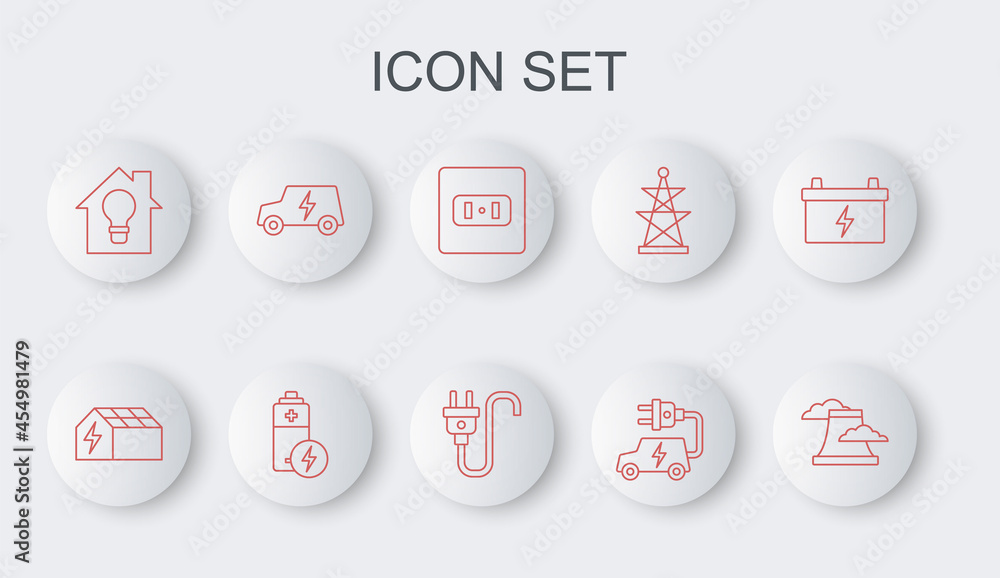 Set line Nuclear power plant, Solar energy panel, Electrical outlet, car, Smart house and light bulb, Battery and plug icon. Vector