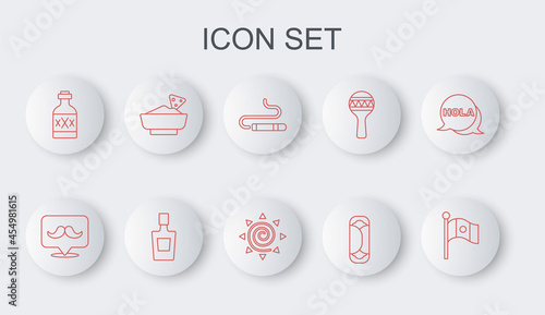 Set line Mexico flag, Mustache, Cigar, Burrito, Tequila bottle, Nachos in bowl, and Sun icon. Vector