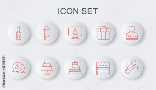 Set line Microphone, Slice of pizza, BBQ brazier, Champagne bottle, Firework rocket, Cake and with burning candles icon. Vector