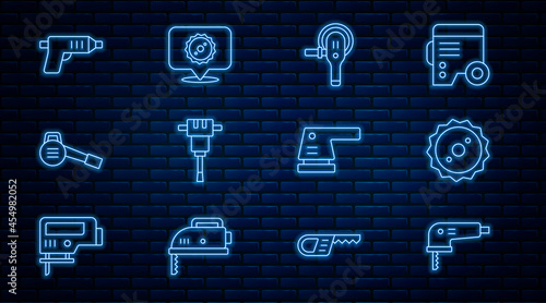 Set line Electric jigsaw, Circular blade, Angle grinder, Construction jackhammer, Leaf garden blower, cordless screwdriver, sander and icon. Vector