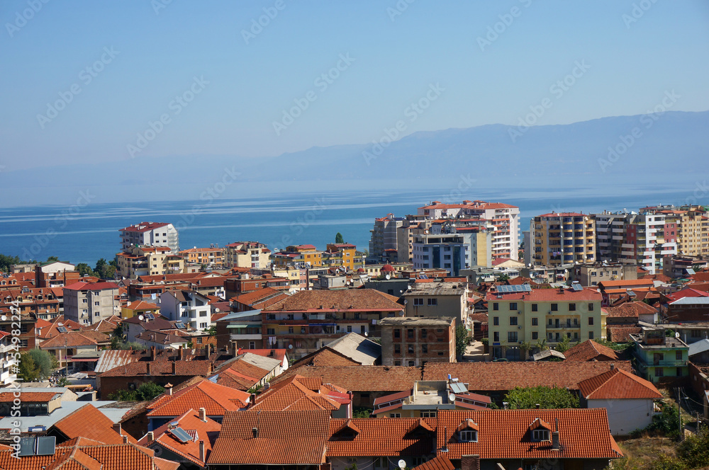 Pogradec is located on banks of the Lake of Ohrid. Morning view of the city from the mountain. Pogradec. Albania.