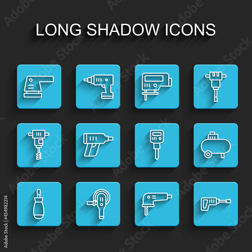 Set line Screwdriver, Angle grinder, Electric sander, jigsaw, Rotary hammer drill machine, cordless screwdriver, Air compressor and Construction jackhammer icon. Vector