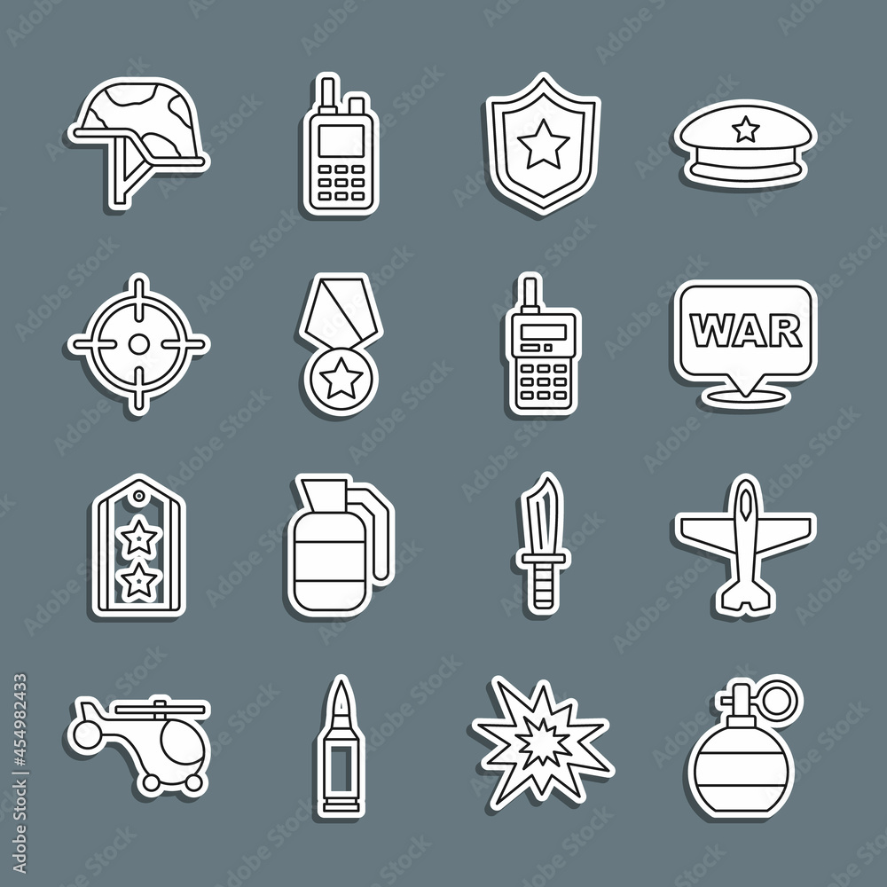 Set line Hand grenade, Plane, The word war, Police badge, Military reward medal, Target sport, helmet and Walkie talkie icon. Vector Set line Hand grenade, Plane, The word war, Police badge, Military reward medal, Target sport, helmet and Walkie talkie icon. Vector