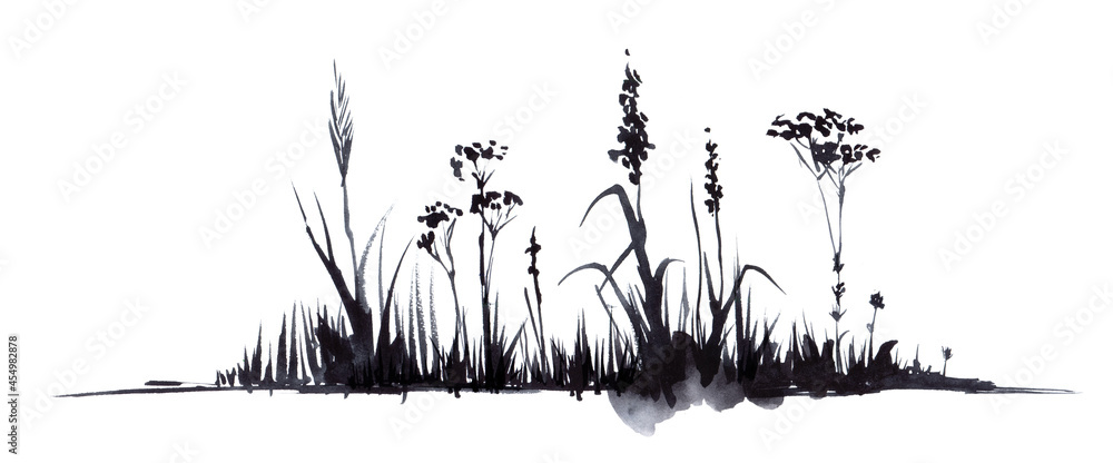 Hand drawn watercolor illustration. Lower border decorative element. Silhouette dry black stems umbrella plants, small flowers ears of grass. Simple light sketch drawing. Isolated on white background - obrazy, fototapety, plakaty 